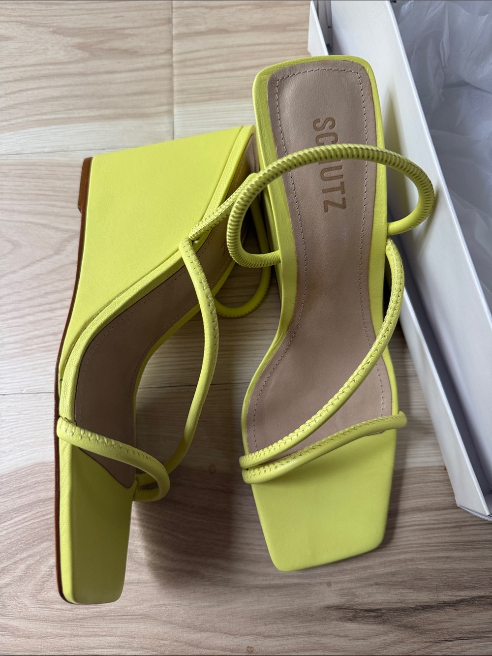 SCHUTZ Neon green Strappy Square-Toe Block Heel Sandals